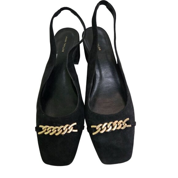 Ann Taylor Black Suede Gold Chain Square Toe Sling Back Shoes Size 9M - Picture 4 of 9